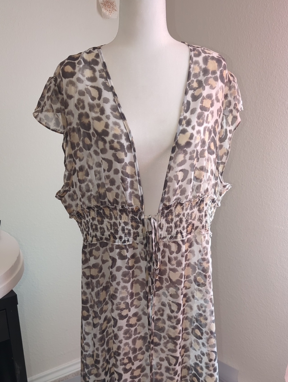 Leopard Print Sheer Tie-Front Cover Up- Neutral Tones